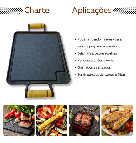 Chapa Bifeteira De Ferro Fundido Gourmet Profissonal Preparo Com Suporte De Madeira Tábua De Churrasco Para Preparar E Servir Carne Porção