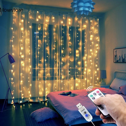 Cortina Led 3x3 Mt 8 Função Controle Para Casamento De Natal Luzes Branco Quente