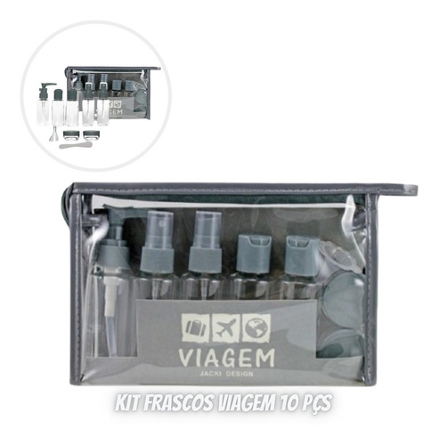 Imagem 4 de 6 de Kit De Frascos P/ Viagem De 10 Peças Cinza Potes Cosméticos