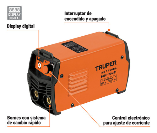 Mini Soldadora Inversora 130 A Bi-voltaje 127 V/220 V Color Naranja Truper SOIN-120MBT