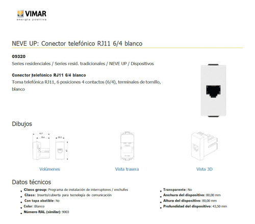 Conector Telefónico Rj11 6/4 Blanco - 09320 Neve Vimar