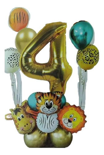 Kit Deco Feliz Cumple Animales Safari+numero 4 De 80cm+latex