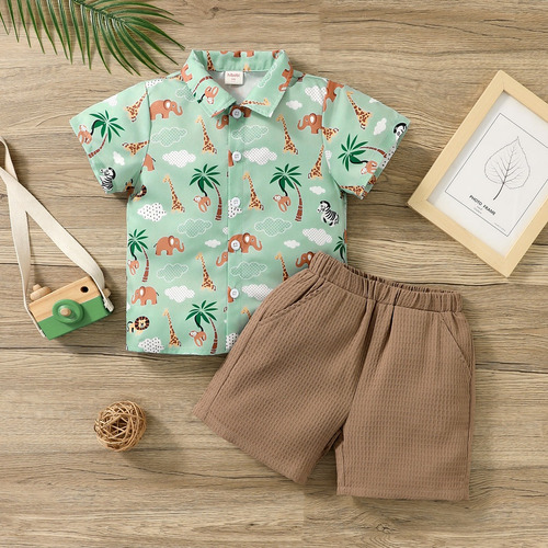 Conjunto 2 Pcs Con Camisa Estampado Animal Y Shorts Niños Verde Claro 18-24 M