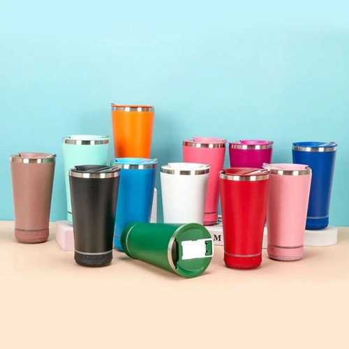 Copo Térmico C/ Caixa De Som Bluetooth Gelado/quente Cerveja Cor Laranja Liso