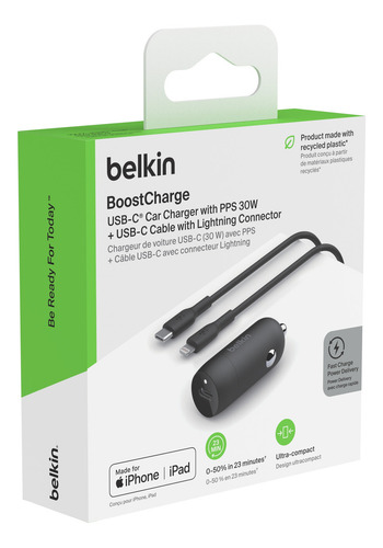 Belkin Cargador De Coche 30w Usb-c + Cable Usb-c A Lightning Negro