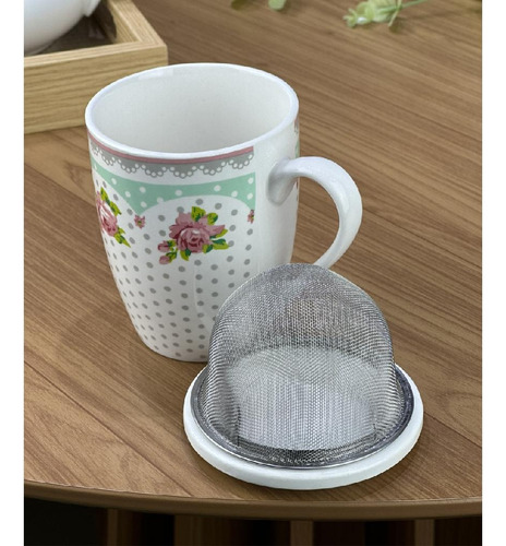 Caneca De Porcelana C/tampa E Filtro 310ml Chá Café Amelia