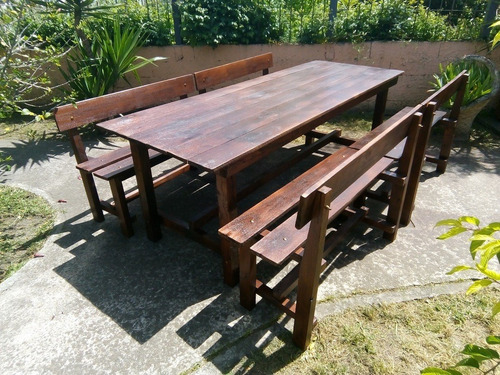 Mesa Y 2 Bancos Rústicos Para Exterior, Barbacoa.