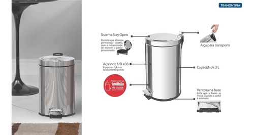 Cesto Tramontina Tacho De Basura Acero Con Pedal 12 Litros
