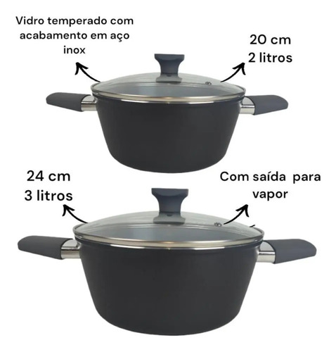 Jogo De Panelas Revestimento Cerâmico Indução Preto 5 Peças