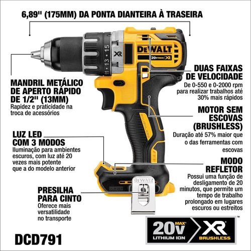 Parafusadeira Furadeira 1/2'' 13mm 20v Dcd791b - Dewalt