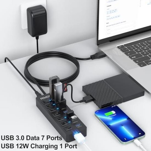 Femoro Data Hub Usb3.0 Alimentado, 7+1 Puertos Con Carga Usb
