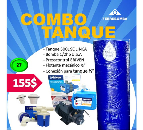 Combo: Tanque 500lts Solinca, Accesorios, Bomba 1/2hp Usa