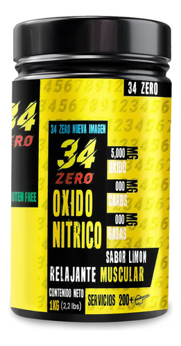 Óxido Nítrico 34 Zero 1 Kg 200 Servicios Pre Entreno Sabor Limón