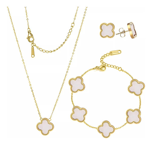 Conjunto Joyas Trébol Elegante Collar Pendientes Pulsera Blanco 15 Cm