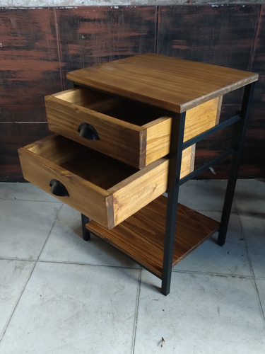 Imagen 1 de 8 de Mesa De Luz Mini 40x35x60 2 Cajones Industrial Hierro Madera