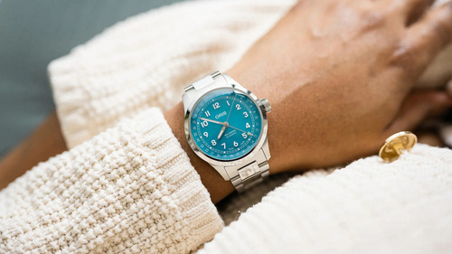 Reloj Oris Big Crowm Pointer Date Caballero Correa Plateado Bisel Plateado Fondo Azul