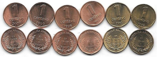 Lote 6 Monedas Argentina 1 Centavo Año 1992 93 93 98 99 2000