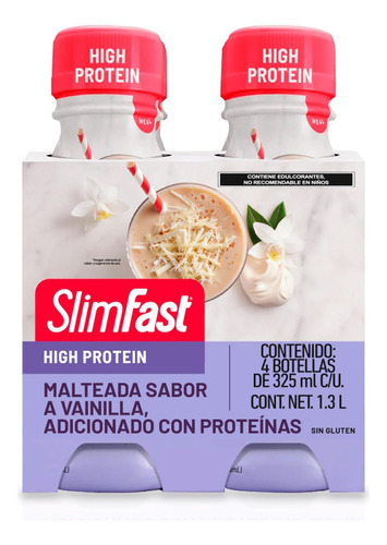 Slimfast High Protein Bebida Proteica Y Vitaminas 4 Pzs Sabor Vainilla Cream
