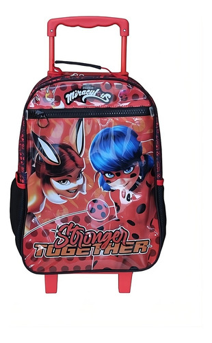 Mochila Escolar De Rodinhas Miraculous Meninas Infantil Cor Preta E Vermelho Desenho do tecido Miraculous Ladybug