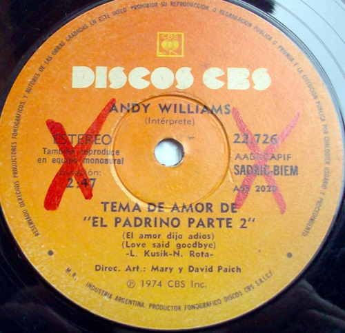 Andy Williams - El Padrino Parte 2 Tema D Amor / A Mi Esposa (Usado)