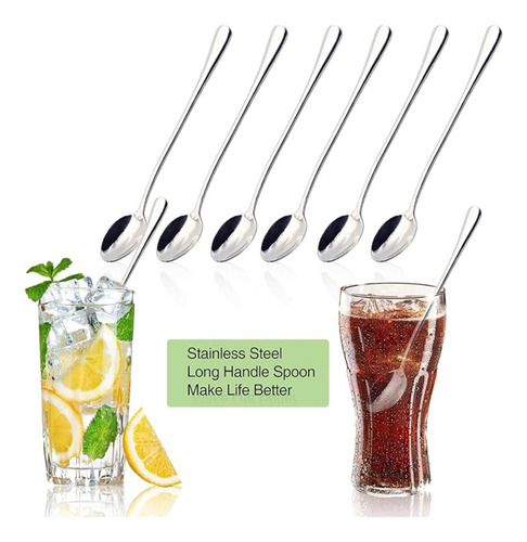 Juego De 6 Cucharas De Mango Largo Para Postres Bebidas Plateado