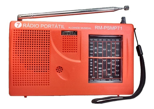 Rádio Portátil Motobras 7 Faixas - Só Pilhas Fm1-fm2-om-4oc Cor Laranja