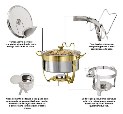 Rechaud Dourado Redondo Banho Maria Inox Brinovar 8 Litros