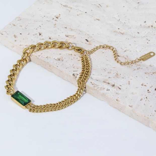 Pulsera Eslabones Bañado En Oro Cristal Verde Esmeralda 21cm