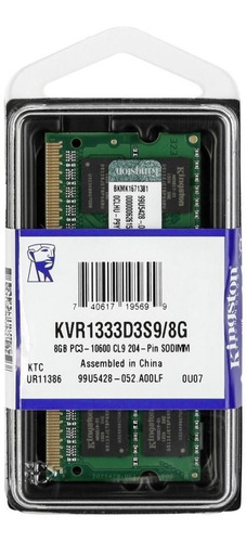 Memoria Kingston Notebook Ddr3 8gb 1333 Kvr1333d3s9/8g