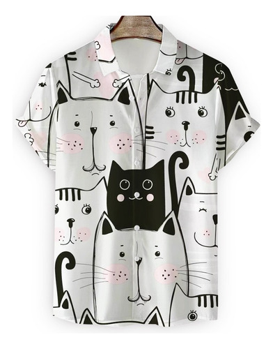 Camisa Hombre Suelta Estampado Gato Manga Corta Tops Hombre