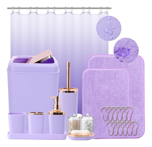 Juego Accesorios Baño Con Cortina Ducha Y Alfombras Antidesl