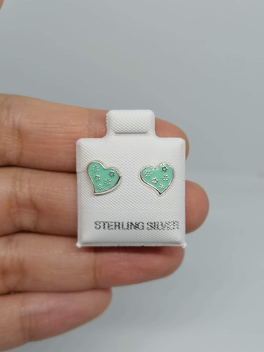 Broquel O Arete De Corazón Verde Esmaltado Plata 925 