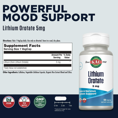Suplemento, Kal, Orotato De Lítio, 5 Mg, 120 Cápsulas