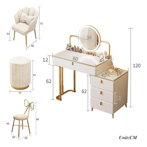 Tocador Moderno Con Espejo Con Luz Led Vanity Con Cajones Blanco Dorado