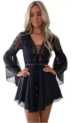 Vestido De Encaje Con Escote Trenzado Acampanado Sin Mangas