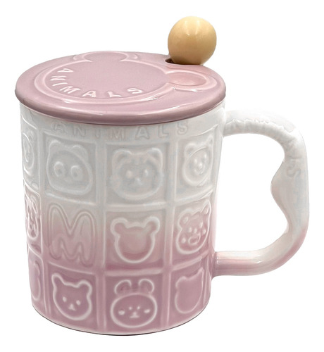 Set De 4 Tazas De Cerámica Tapa Y Cuchara Diseño 350ml Varios Animales