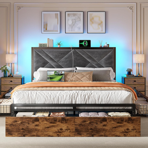 Base De Cama Matrimonial Con Luz Led,6 Cajones Marron Marron Vintage