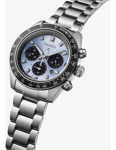 Reloj Seiko Hombre Chrono Prospex Speedtimer Energia Solar Malla Plateado Bisel Negro Fondo Azul Claro