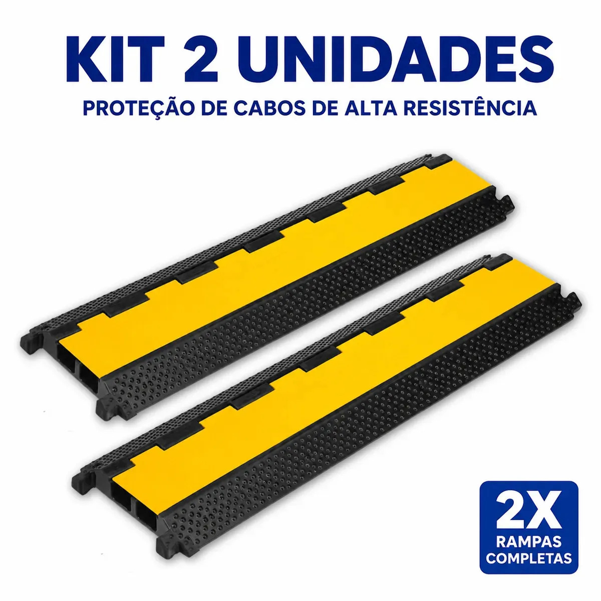 Kit 2 Passa Cabos De Piso 2 Vias Protetor Canaleta Para Fios Cabos 100x25x5cm 2 Canais Preto Amarelo Eventos Shows Obras