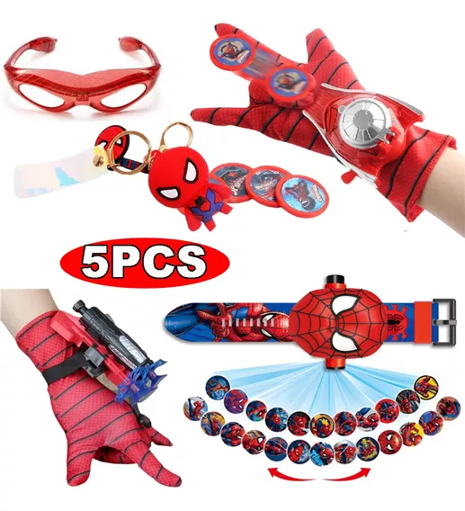 5 Lanzador De Guantes Spiderman+lentes+llavero+reloj