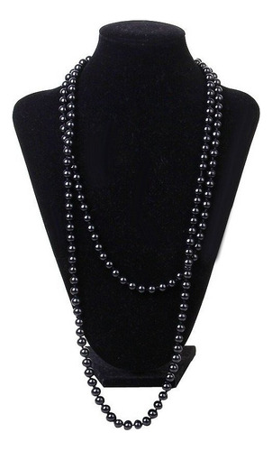 Collar Largo De Cadena Con Perlas Sintéticas A La Moda Negra