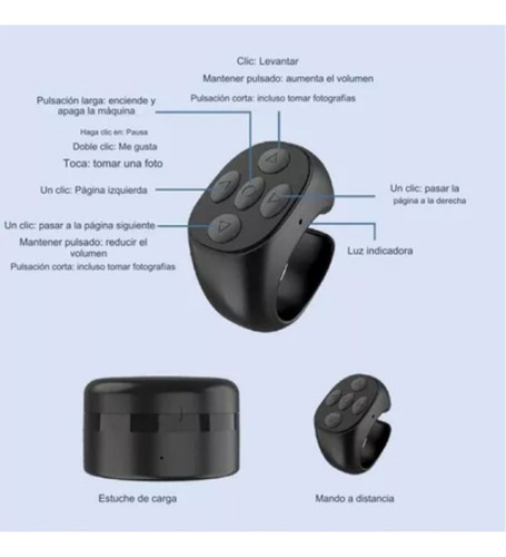 Anillo Celular Bluetooth Control Selfie Música Tik Tok Negro