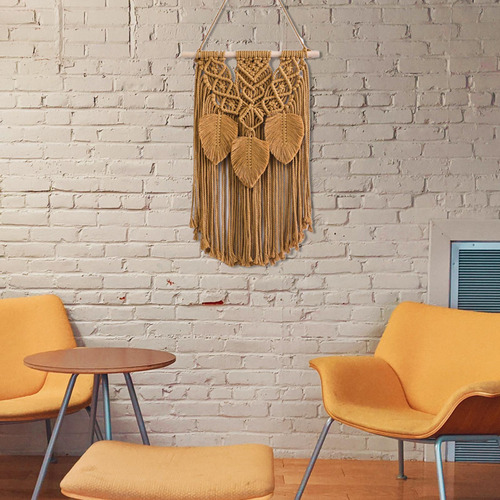 Tapiz De Macramé Con Borlas Y Hojas Para Colgar En Marrón