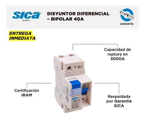 Imagen 2 de 6 de Disyuntor Diferencial Sica Bipolar 2x40 40a 30ma