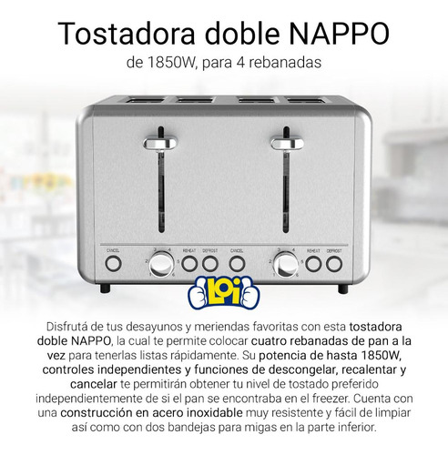 Tostadora Nappo Inox 1850w 4 Ranuras Extra Grandes Color Plateado