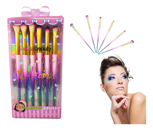 Set X 6 Brochas Mango Arcoíris Brillos Maquillaje Pinceles