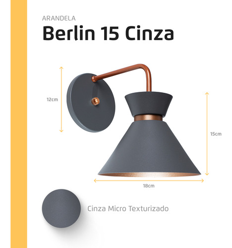 Arandela Parede Berlin 15cm Cinza C/ Cobre + Led G95 Retrô