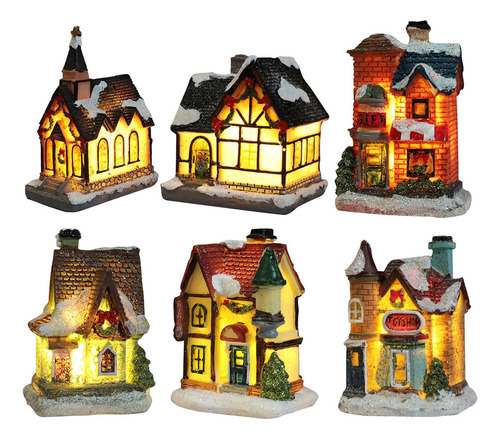 Bx) 6 Piezas Led Miniatura Casa De Navidad Iglesia Iluminada