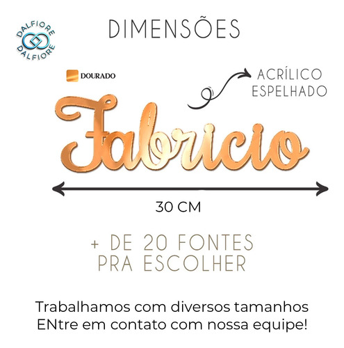 Nome Em Acrílico Rosê / Dourado / Prata Espelhado 30cm