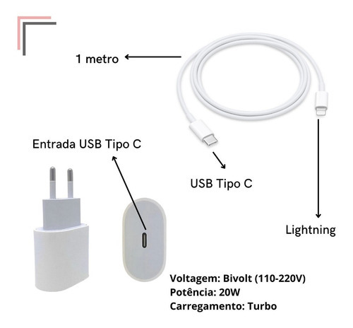 Cabo E Tomada Carregador Plug Usb C 20w Turbo Para iPhone Cor Carregador Cabo Branco